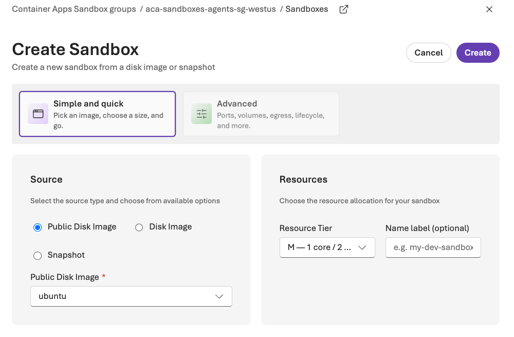 Azure portal Create Sandbox form in simple and quick mode: source set to the ubuntu public disk image, resource tier M (1 core, 2 GiB), and an optional name label.