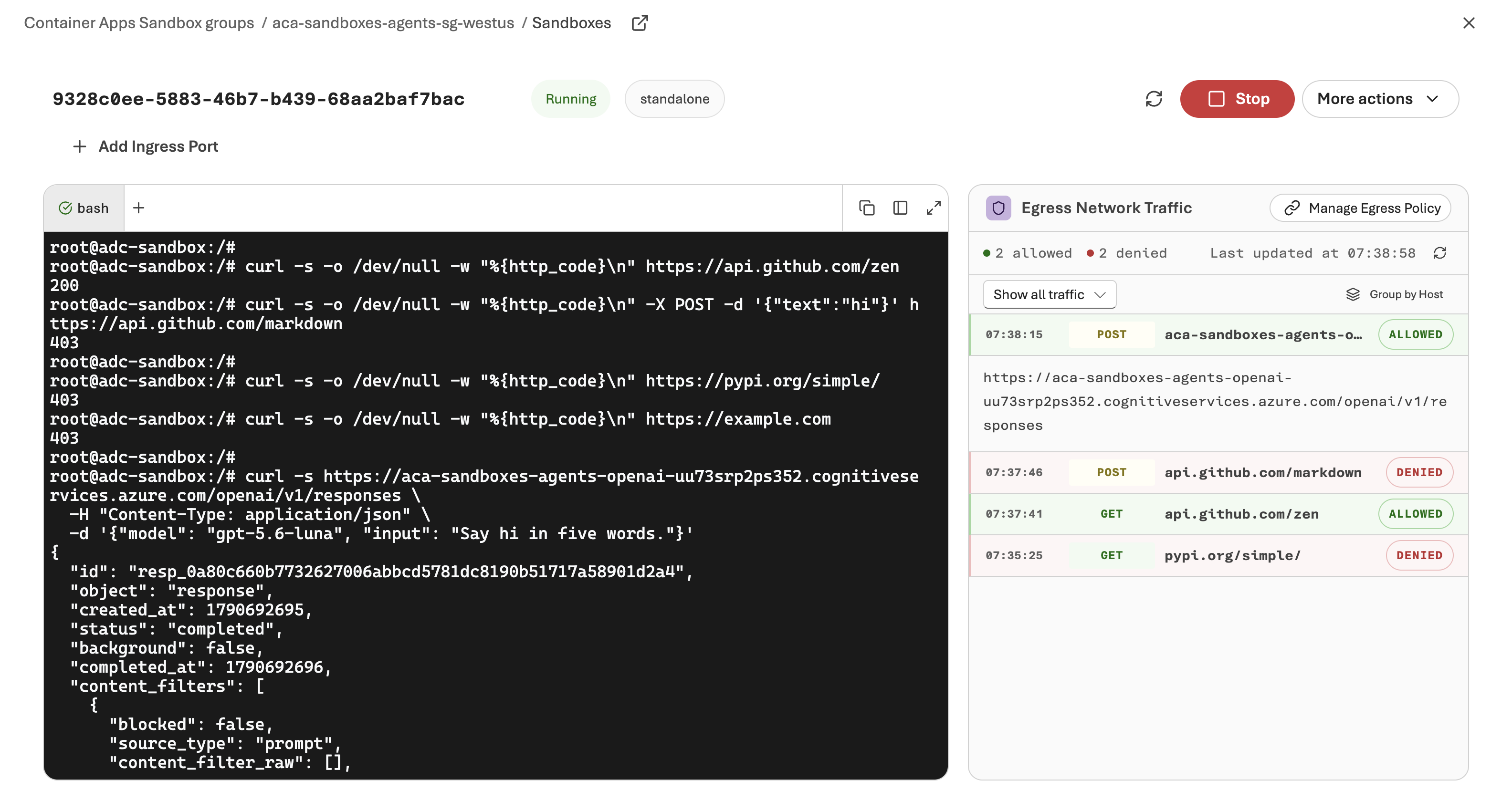 Azure portal view of sandbox 9328c0ee, labeled standalone and running. The browser terminal runs curl: GET api.github.com/zen returns 200; POST api.github.com/markdown, pypi.org, and example.com return 403; and a request to the Azure OpenAI responses endpoint with no key returns a completed model response. The Egress Network Traffic panel lists the model POST and the GitHub GET as allowed, and the GitHub POST and pypi.org as denied.