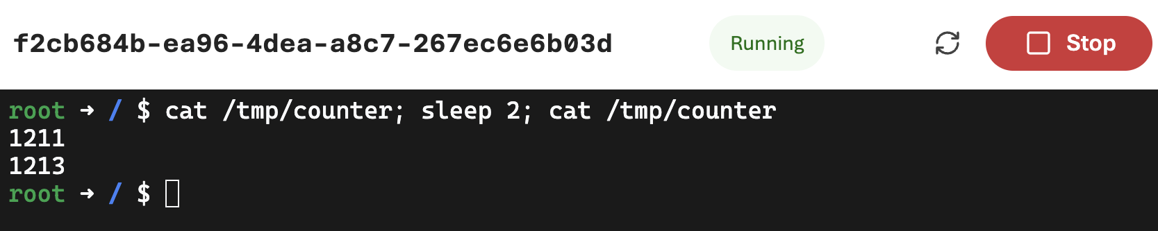 Sandbox f2cb684b, Running, with a Stop button. The terminal reads the counter twice, two seconds apart: 1211, then 1213.