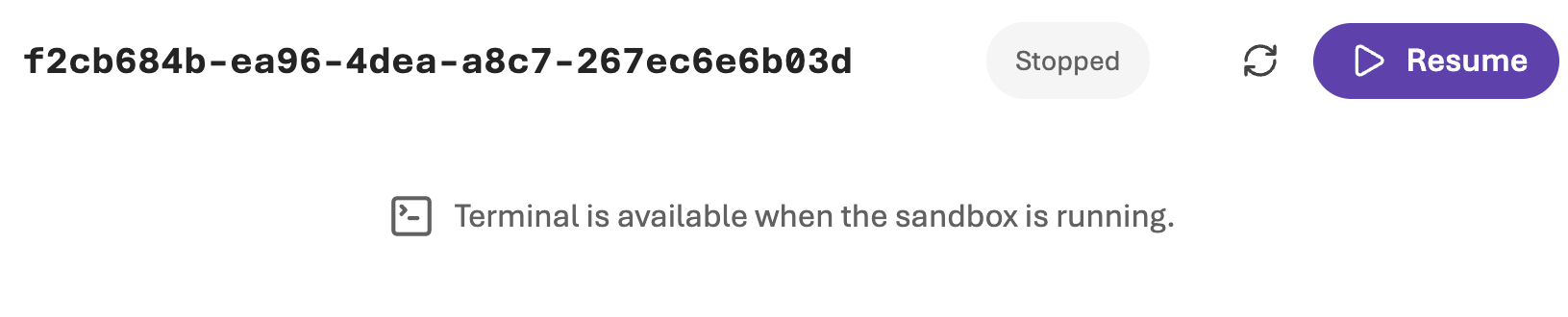 The same sandbox, Stopped, with a Resume button. The terminal area says the terminal is available when the sandbox is running.