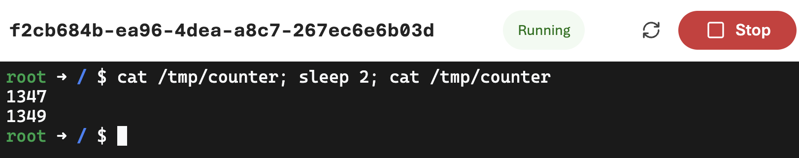The same sandbox, Running again after Resume. The counter reads 1347, then 1349.