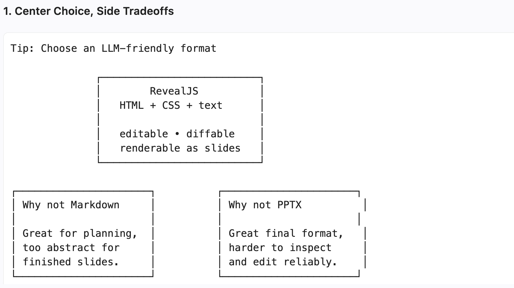 ASCII mockup option showing a centered RevealJS choice with side tradeoffs