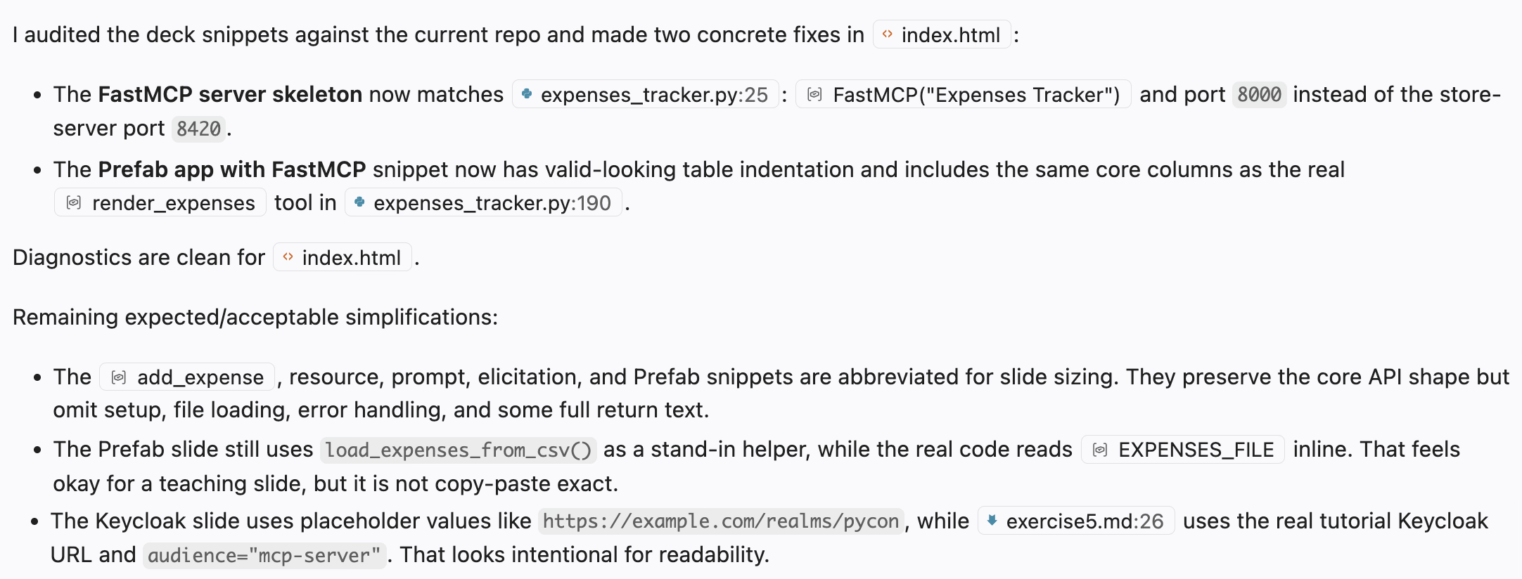 Agent audit response listing deck consistency fixes and acceptable simplifications