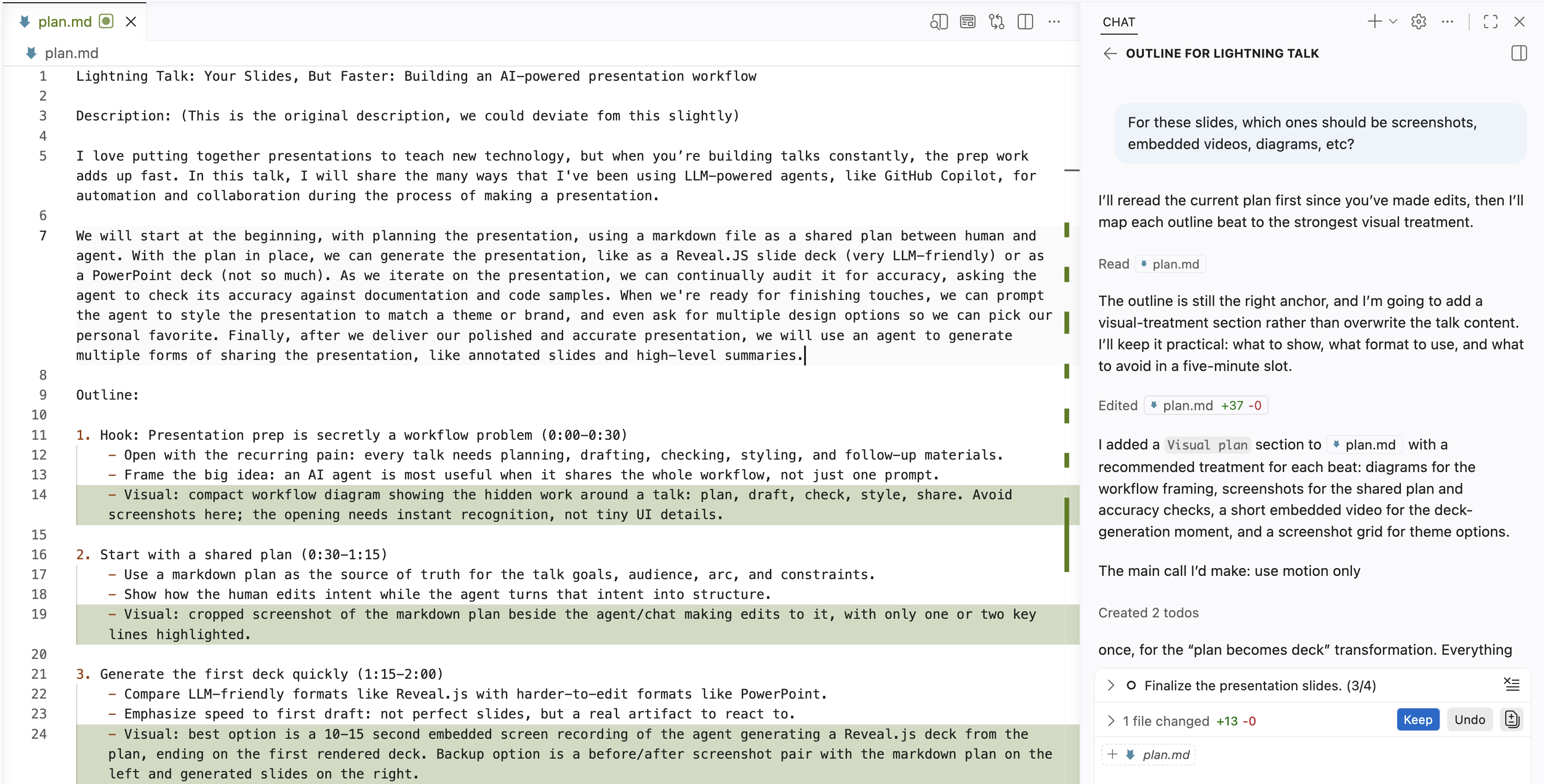 VS Code showing plan.md beside a chat conversation about outlining the lightning talk