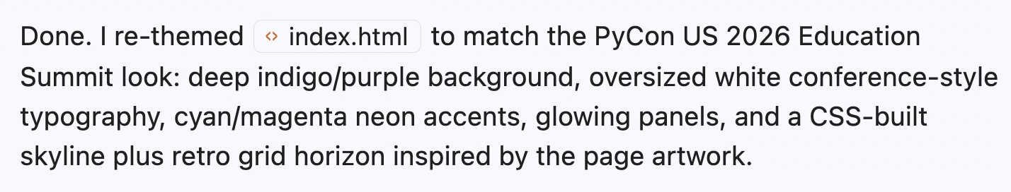 Agent answer summarizing the completed re-theme changes