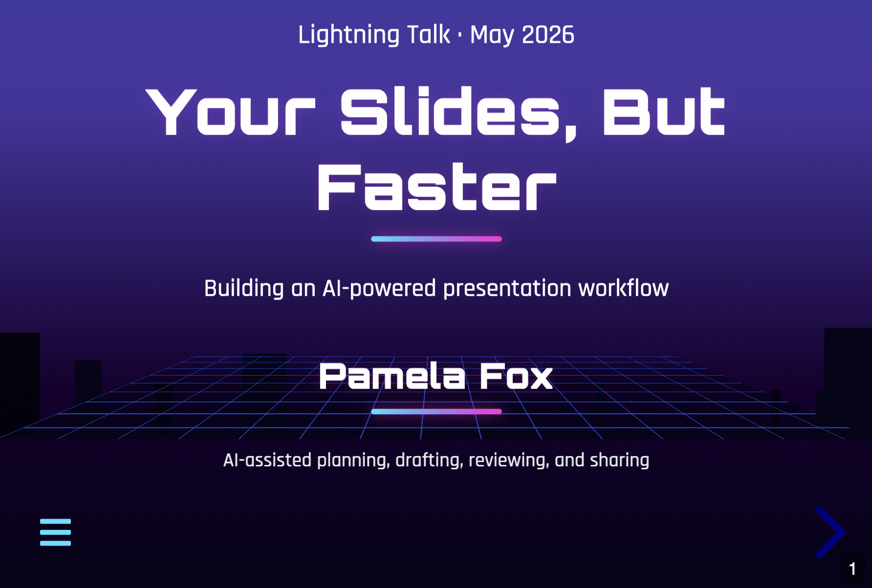 After: the re-themed title slide with purple background and neon grid