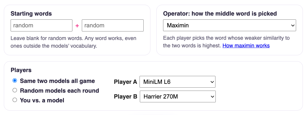 The game's customize panel: starting words, operator set to maximin, and player options for same two models, random models each round, or you vs. a model