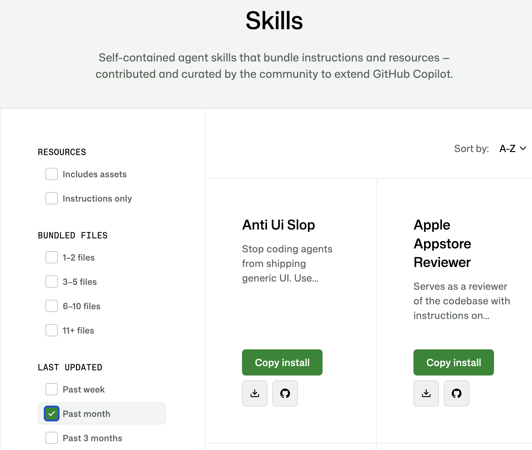 Awesome GitHub Copilot skills directory, with skill cards and Copy install buttons