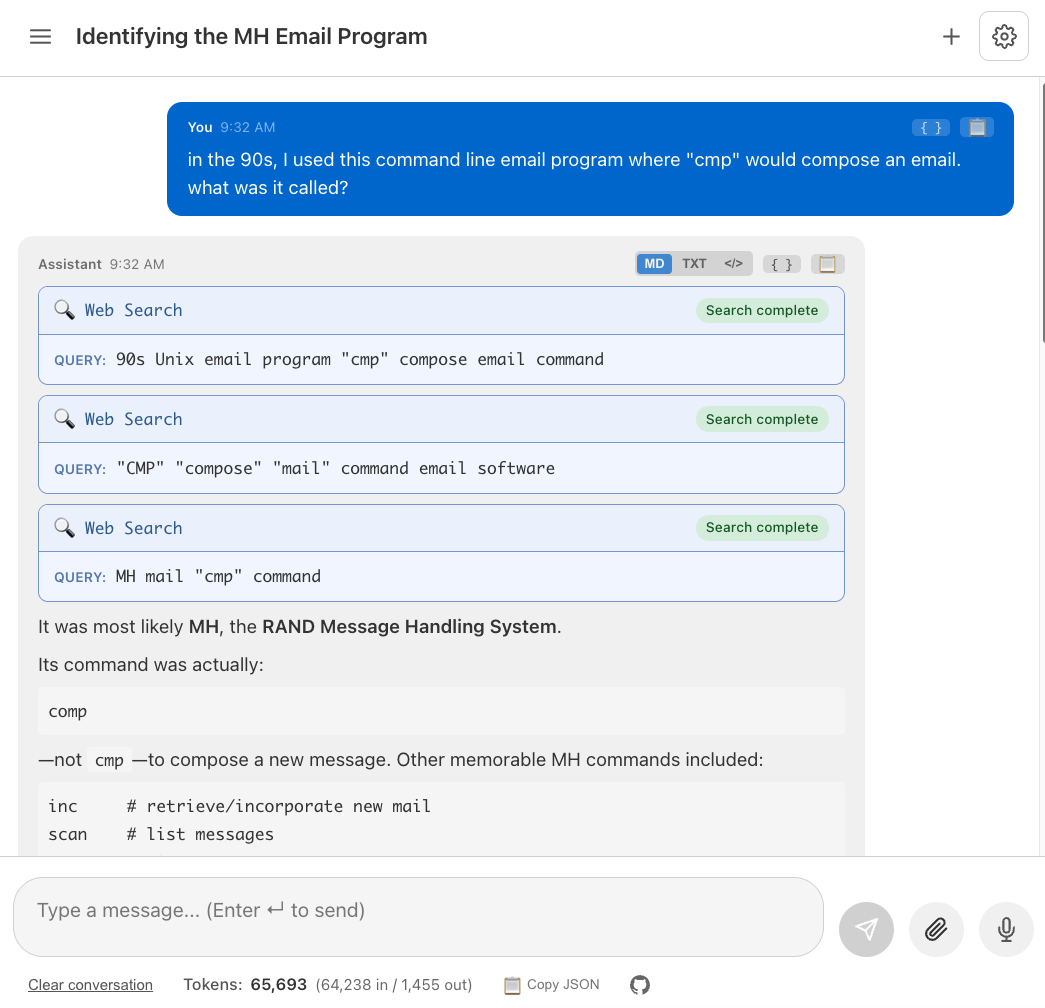 Chat assistant running three web search tool calls before answering a question about a 1990s email program