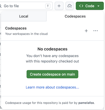 GitHub Code menu with the Codespaces tab and a Create codespace on main button