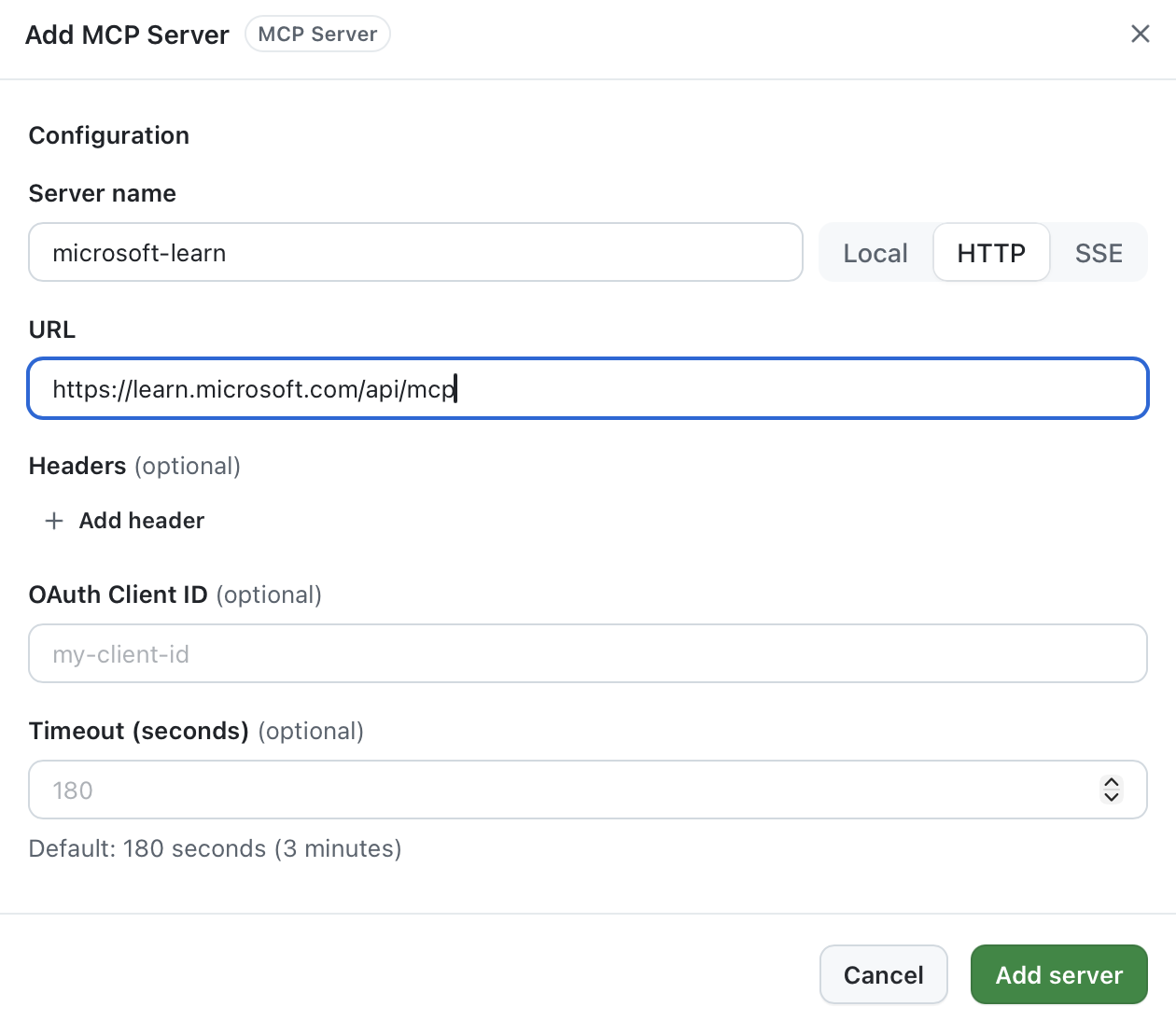 Copilot app Add MCP Server dialog configured for the Microsoft Learn HTTP server