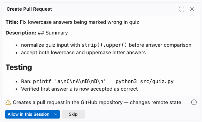VS Code tool approval dialog for Create Pull Request, showing the title and description arguments, a warning that it changes remote state, and Allow in this Session and Skip buttons