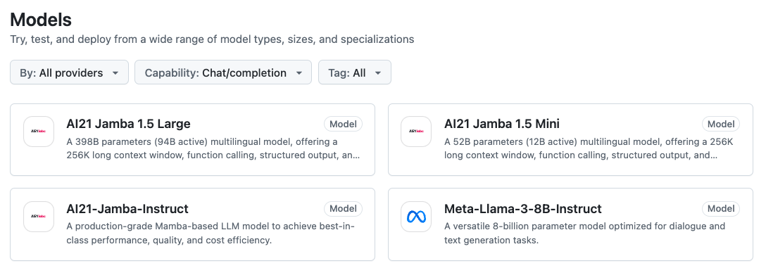 Screenshot of GitHub models listing