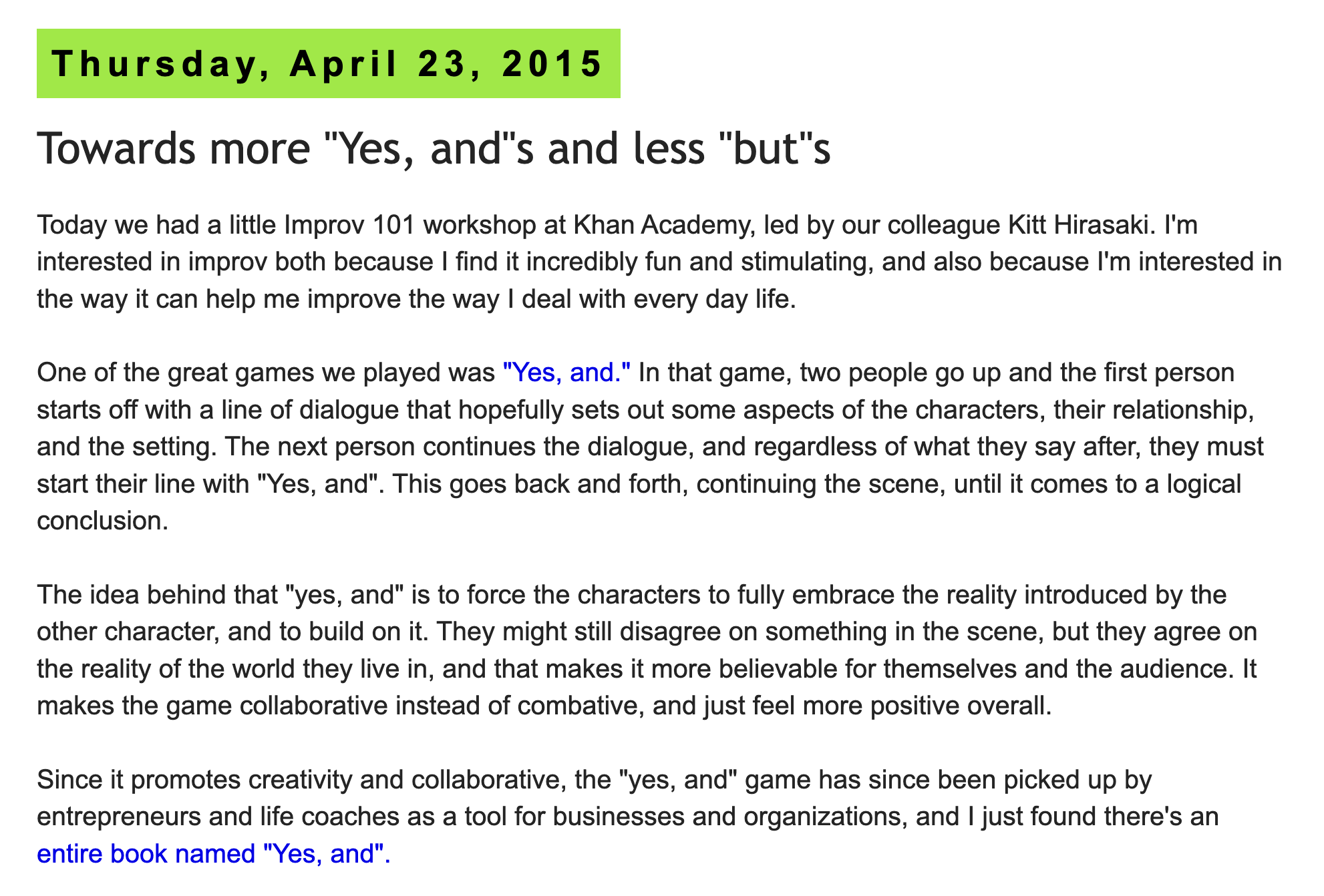 screenshot of a blog post about yes,and concept