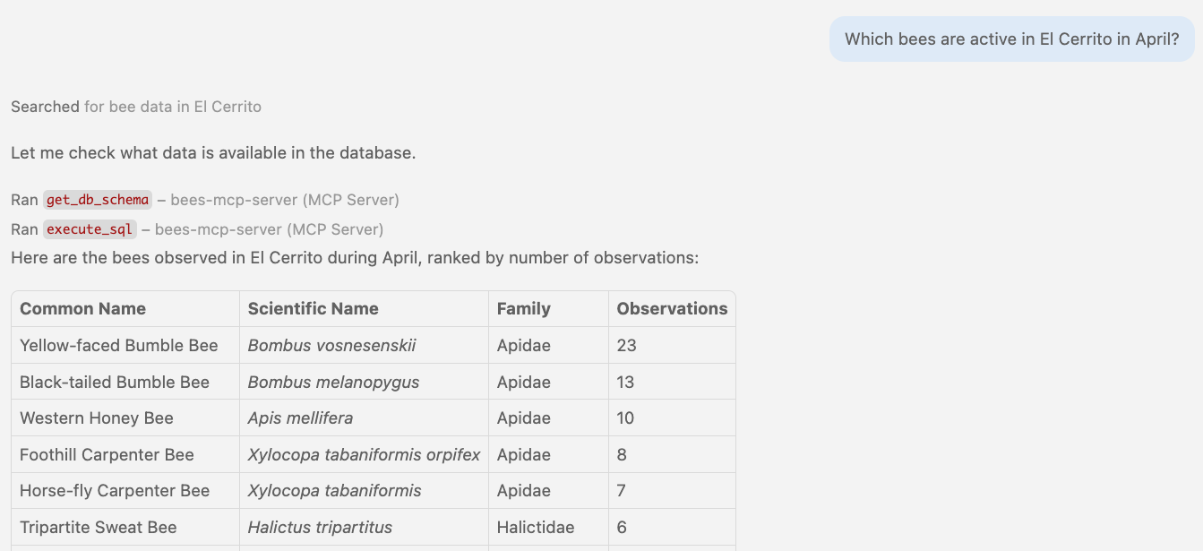 Agent calls get_db_schema then execute_sql to answer a query about bees in El Cerrito