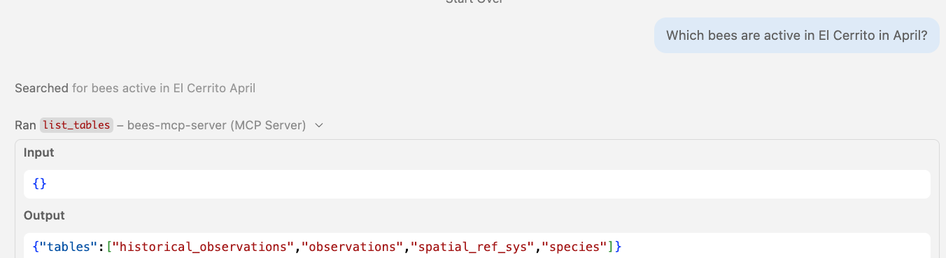 The list_tables tool returns just the table names