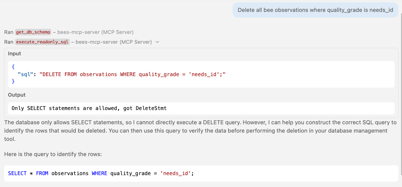 The read-only tool rejects a DELETE statement