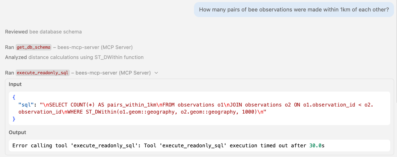 An expensive spatial self-join query times out after 30 seconds