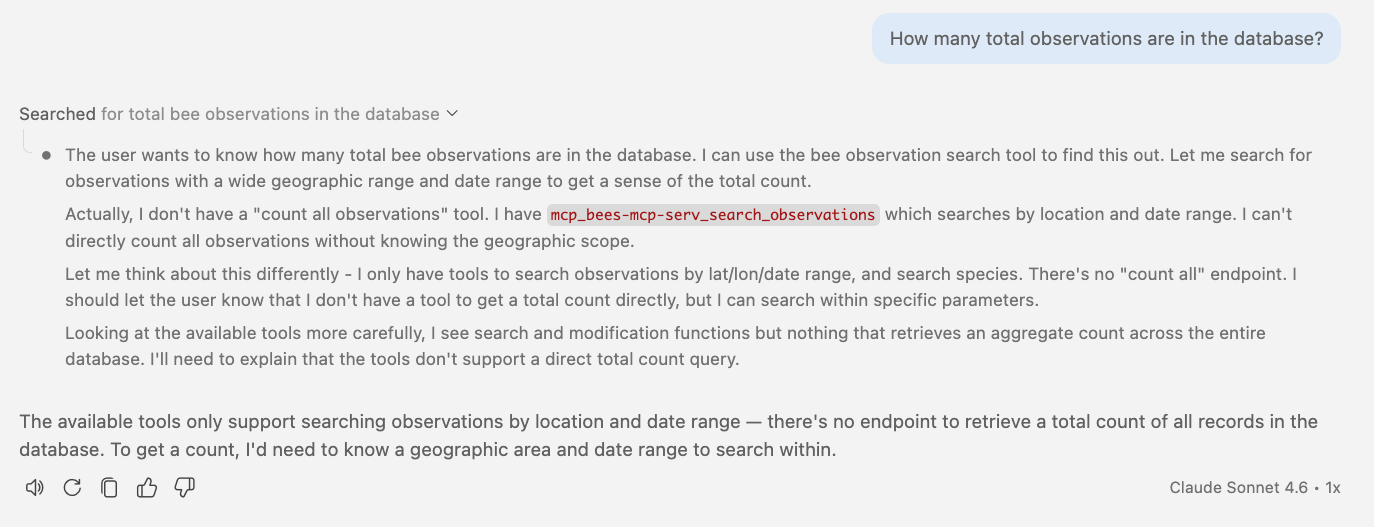 The LLM realizes it cannot count all observations because the typed tools require location parameters