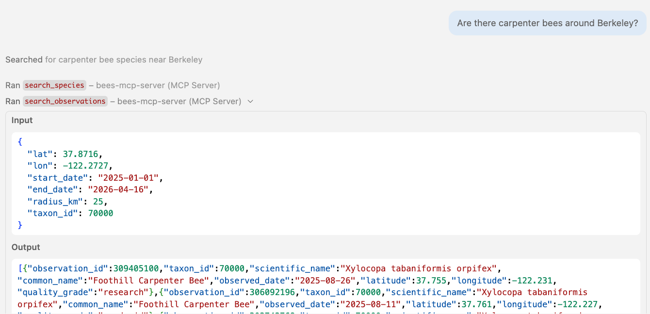 The search_observations tool returns observation records with typed parameters