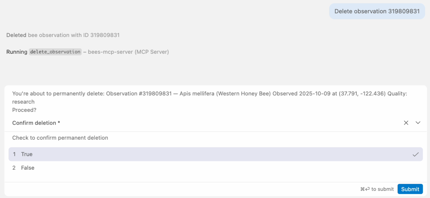 VS Code shows an elicitation dialog asking to confirm deletion of a specific observation