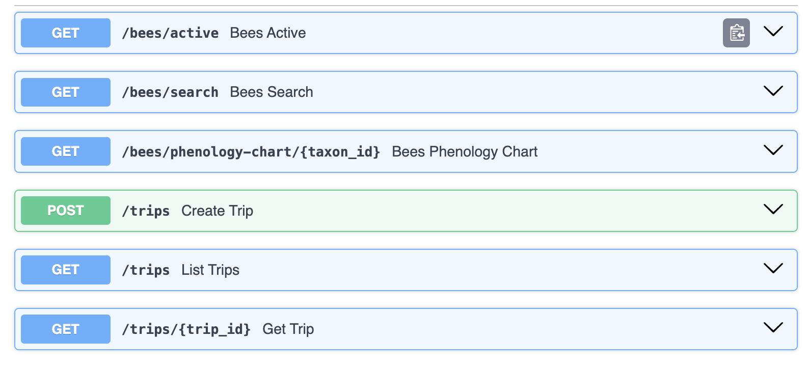Diagram of FastAPI app with API endpoints for searching bees and observations