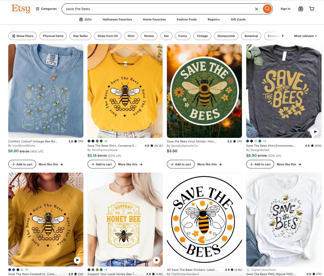 screenshot of Etsy search for save the bees