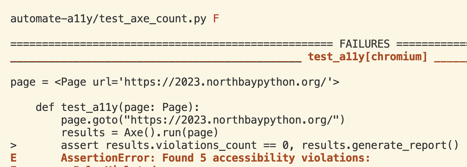 Screenshot of Pytest test failure showing 6 a11y violations