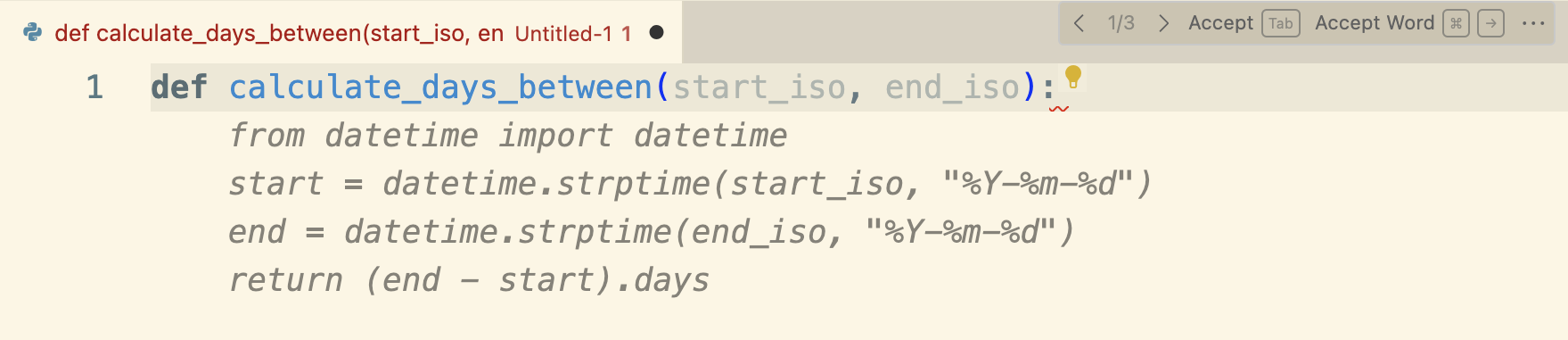 Screenshot of Copilot completing Python code