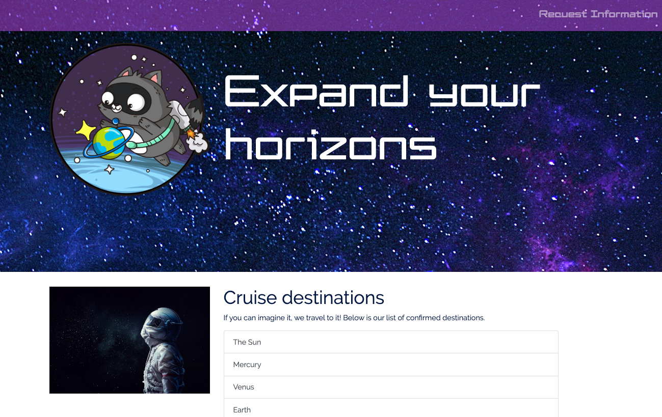 Screenshot of front page of Relecloud space tourism website