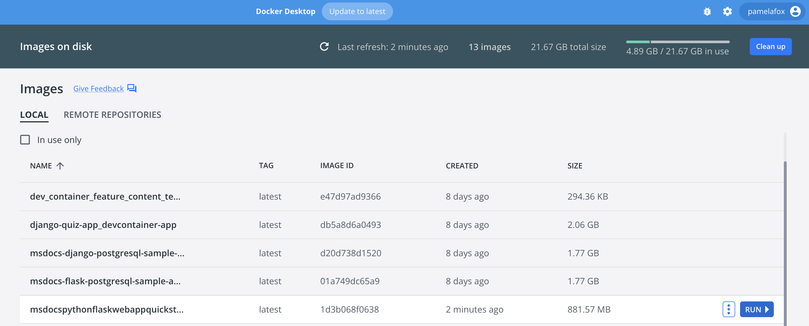 Screenshot of Docker images list with run button next to one of them