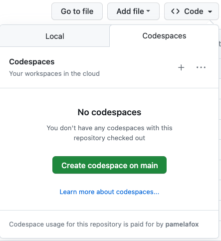 Screenshot of Codespace tab