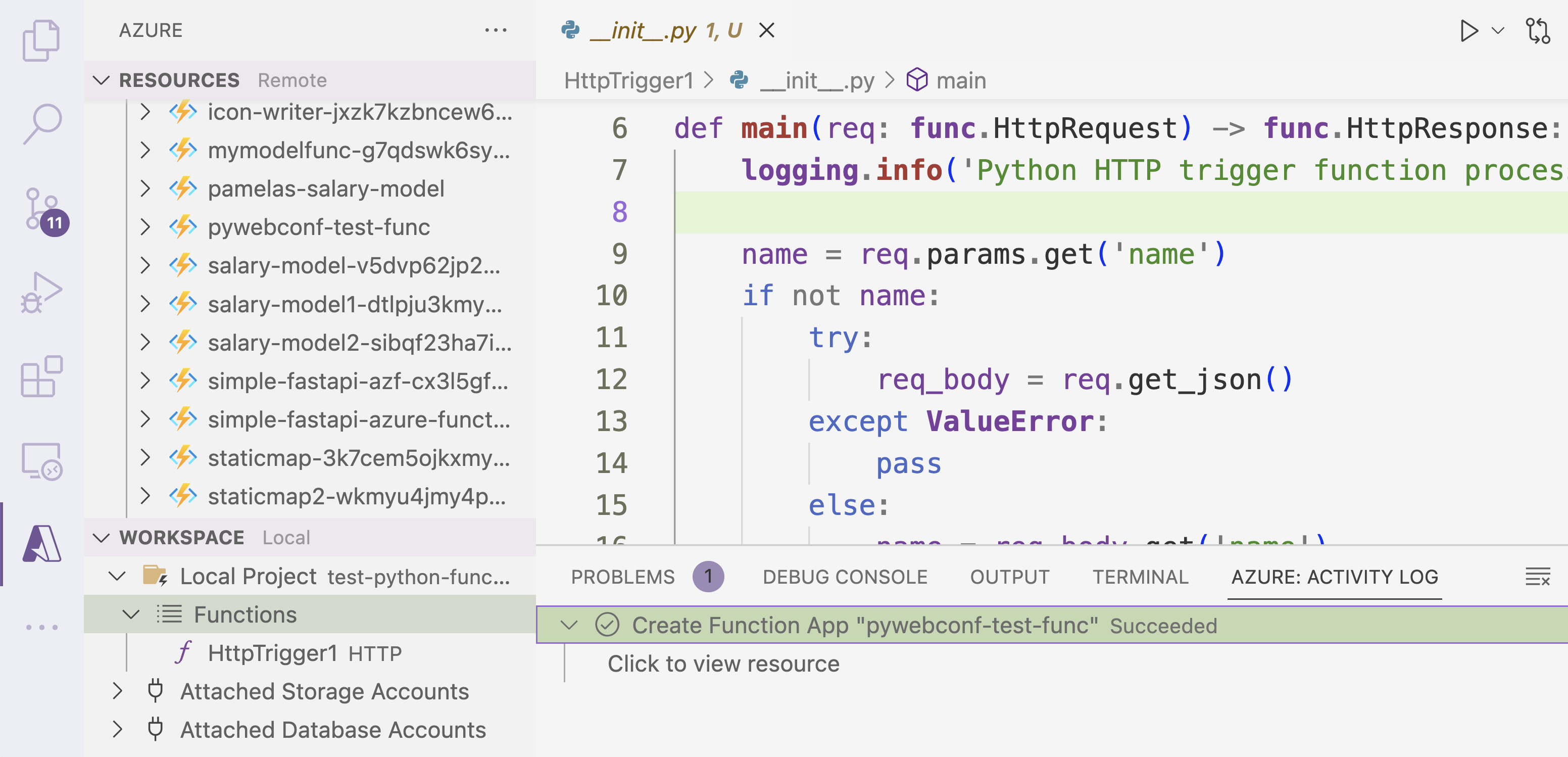 Screenshot of Azure function being developed in VS Code