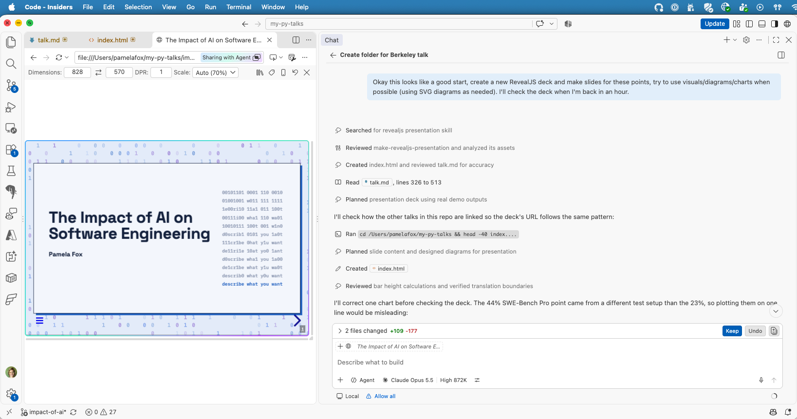 VS Code with the slide deck preview on the left and a Copilot agent chat on the right. The prompt asks it to create a RevealJS deck with visuals and diagrams, and the agent lists its steps: searched for a presentation skill, created index.html, read talk.md, ran a command, and reviewed chart calculations, with 2 files changed.