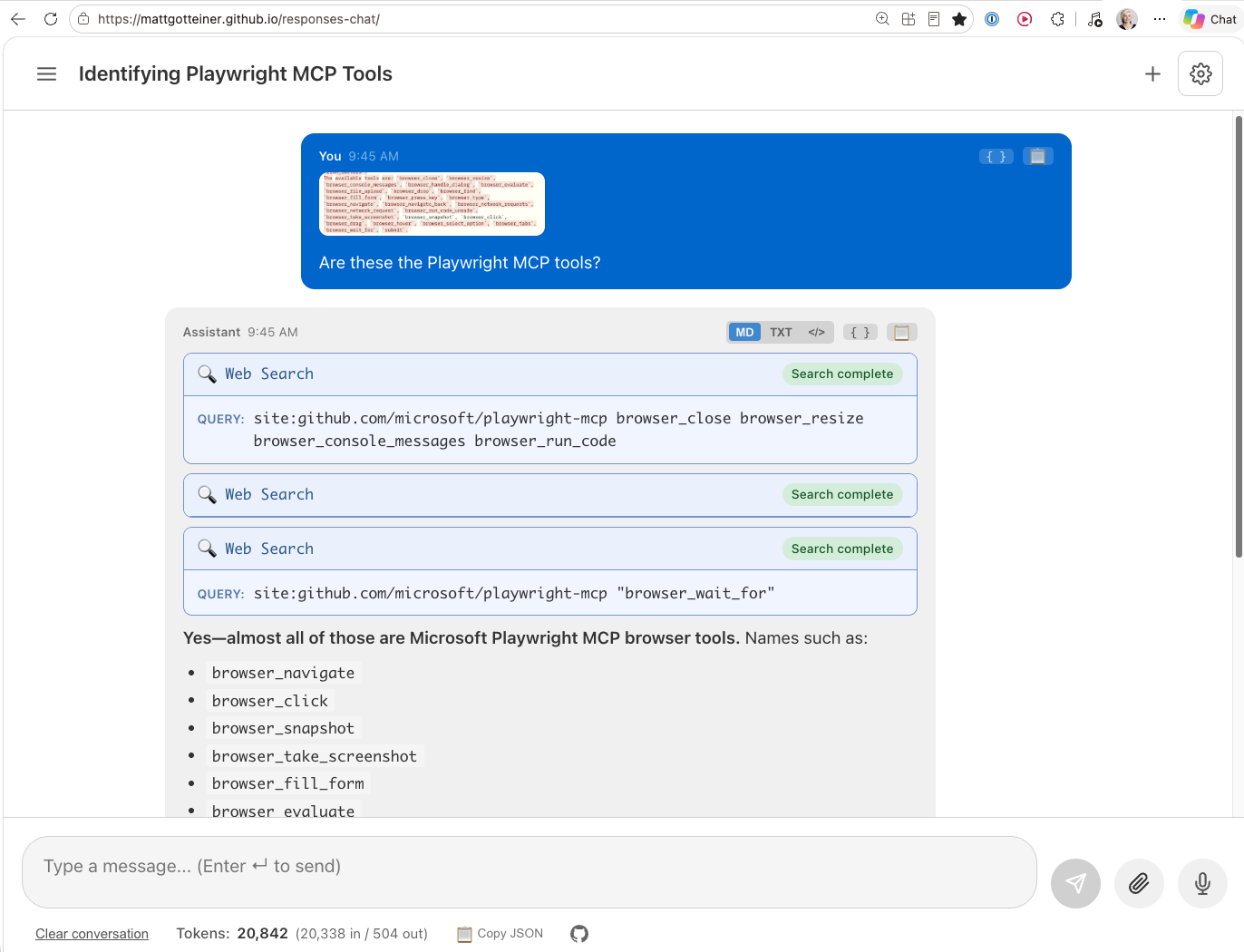 A chat app with a user message containing an image and the question 'Are these the Playwright MCP tools?', and an assistant reply showing three web searches and a list of Playwright MCP browser tools. A message box with attach and microphone buttons and a token count are at the bottom.