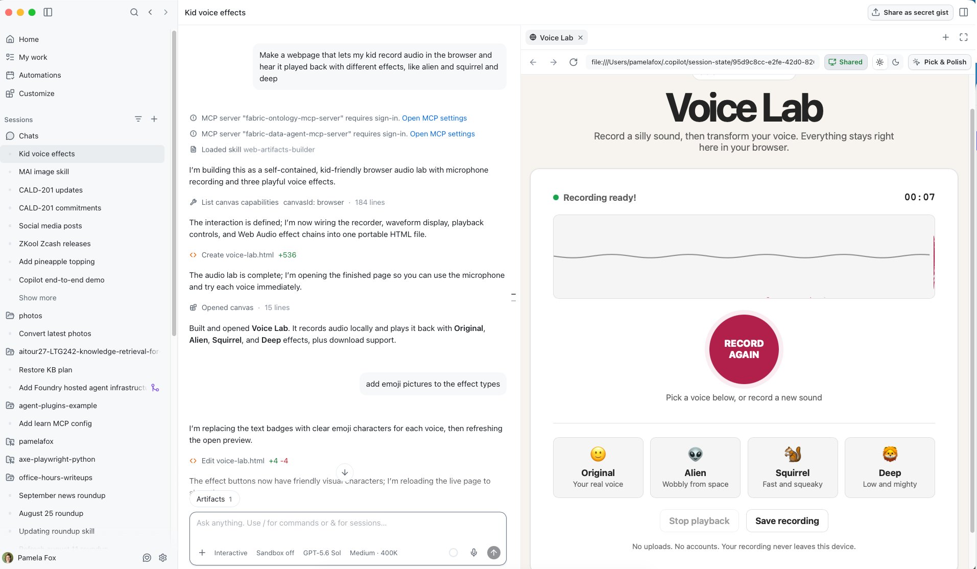 A Copilot chat asking for a webpage that lets a kid record audio and play it back with effects like alien, squirrel, and deep, next to the resulting Voice Lab app with a record button and Original, Alien, Squirrel, and Deep voice options.