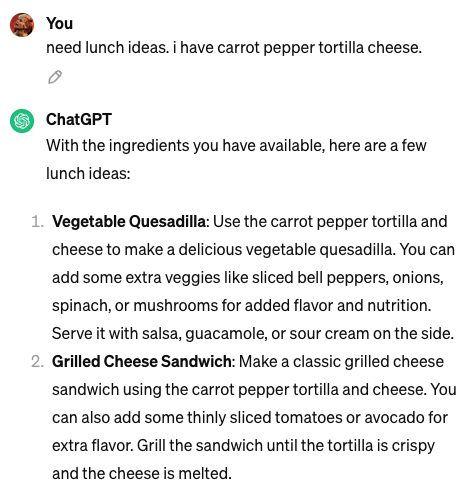 Screenshot of ChatGPT answering a question about lunch recipes