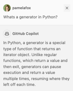 Screenshot of GitHub Copilot answering a question about Python generators