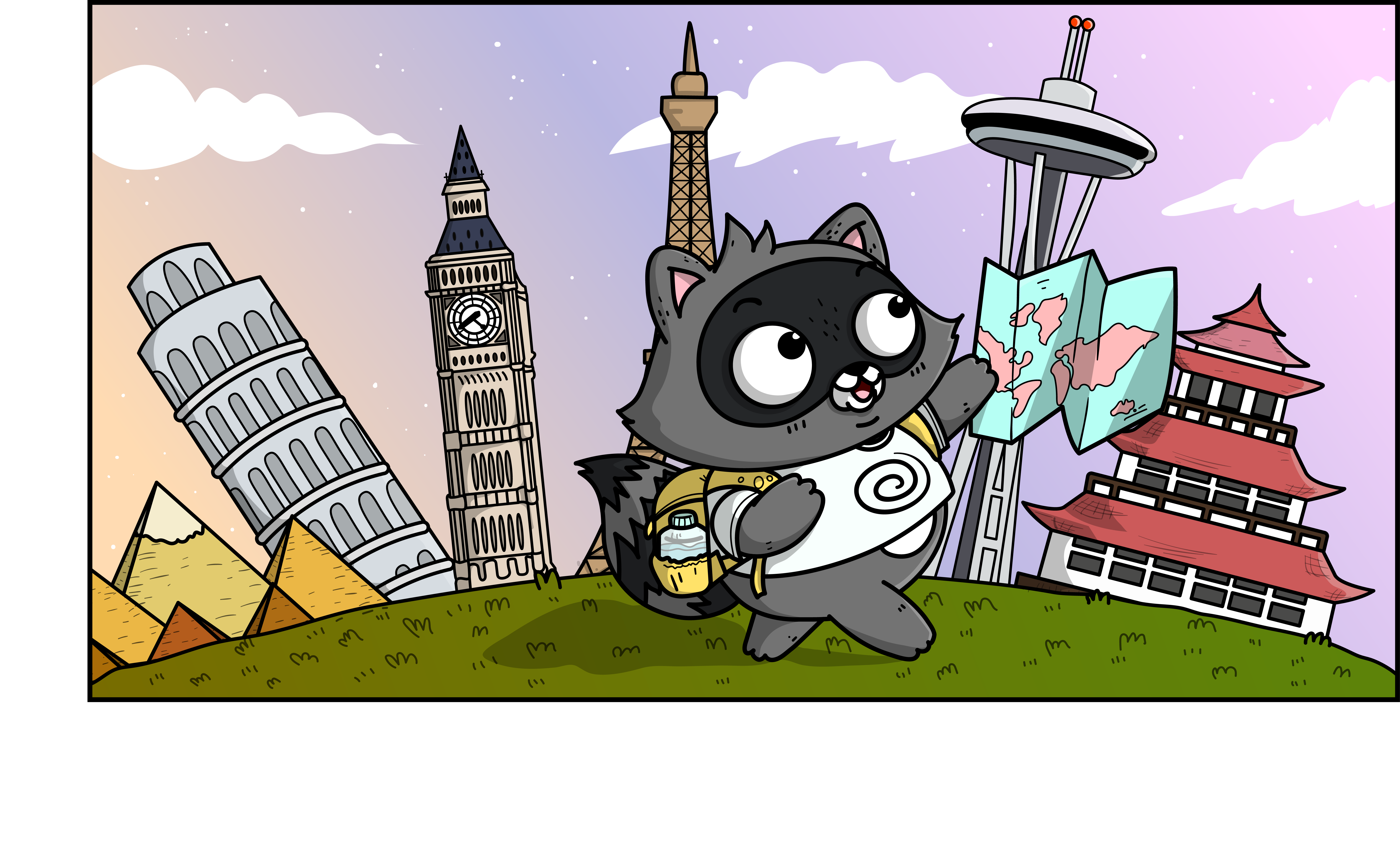 Bit (the racoon) takes a trip around the world