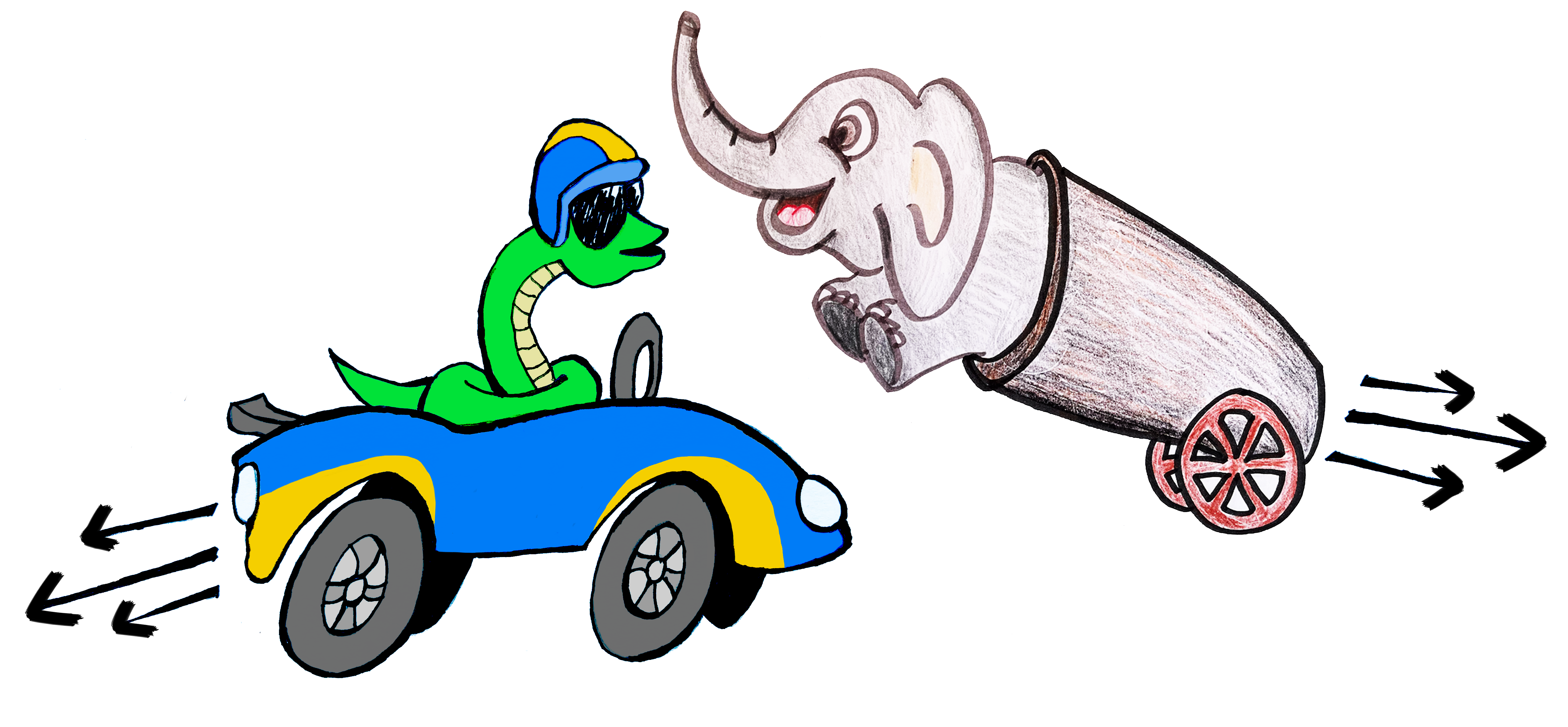 Python in a fast car with an elephant in a cannon, with vectors coming out of them
