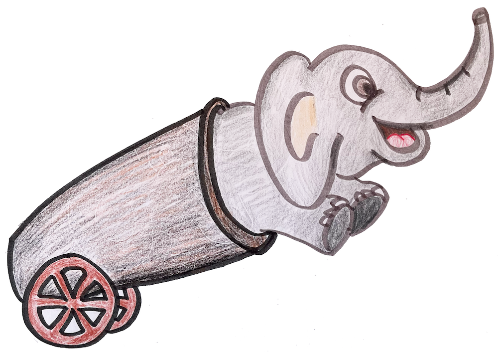 An elephant emerging from a cannon