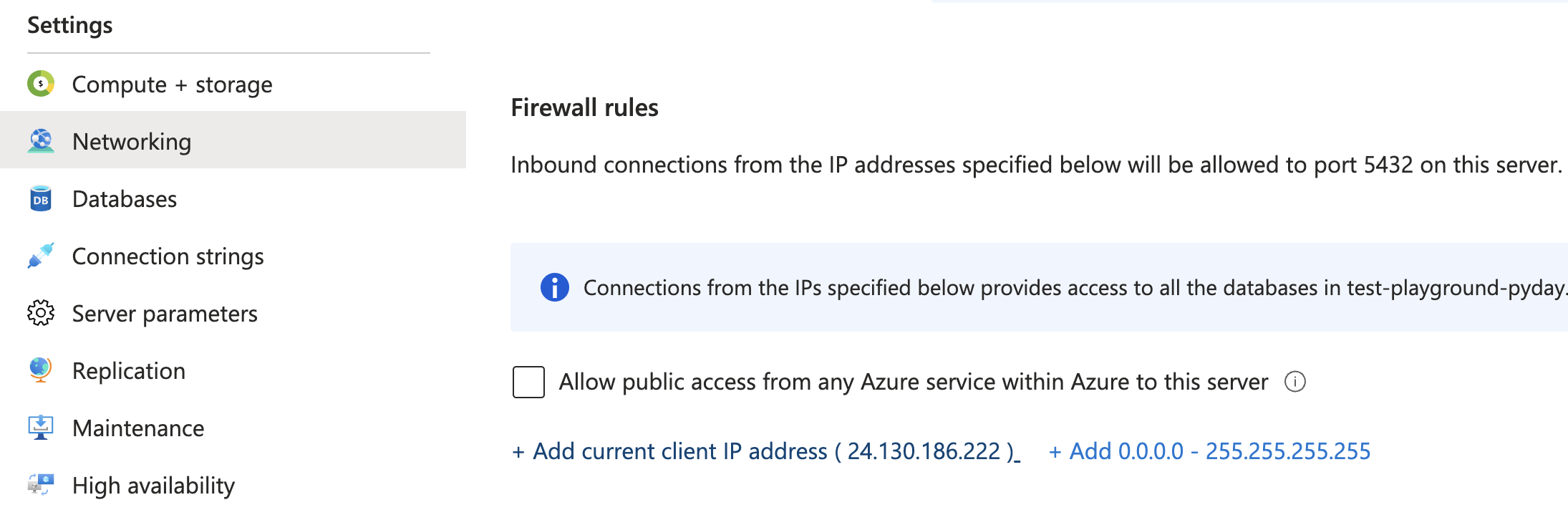 Screenshot of Networking/Firewalls section in Azure Portal