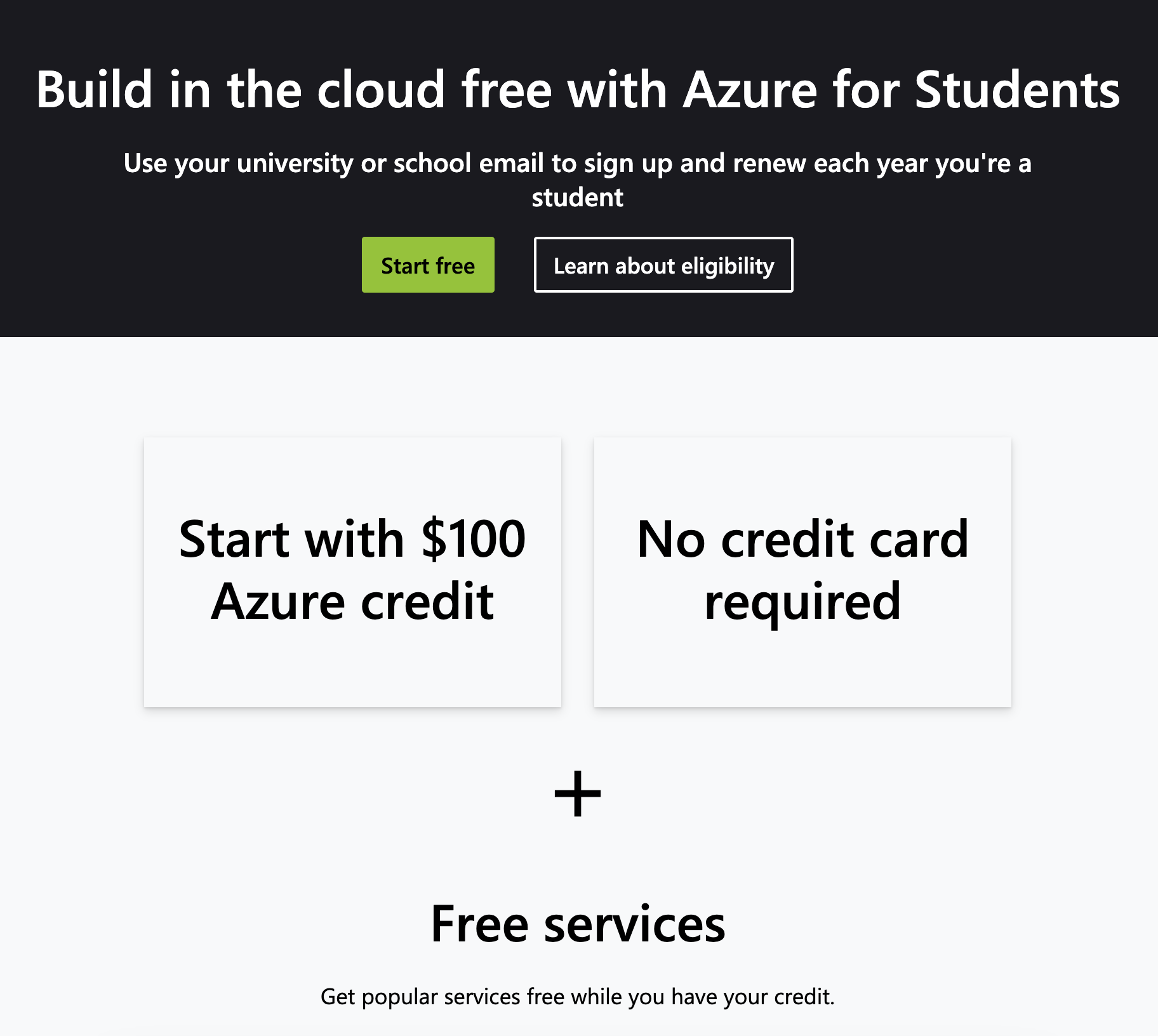 Screenshot of Azure student free credits