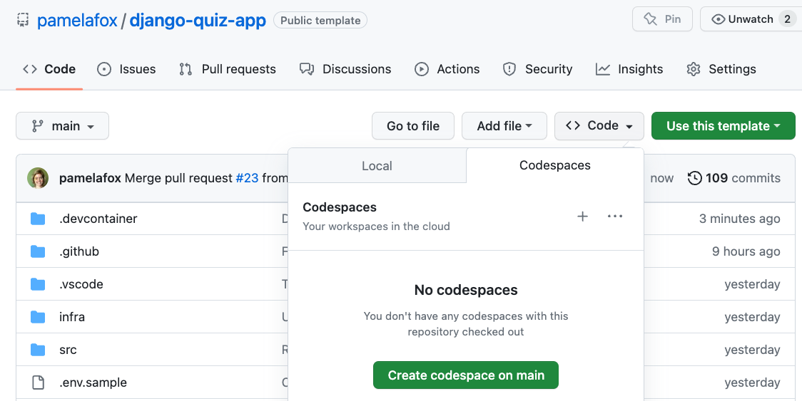 Screenshot of Code tab on GitHub repository with option to open in GitHub codespaces