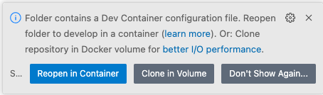 Screenshot of VS Code prompt to reopen in a dev container
