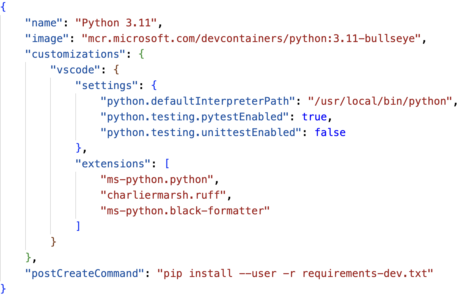 Screenshot of a Python devcontainer.json