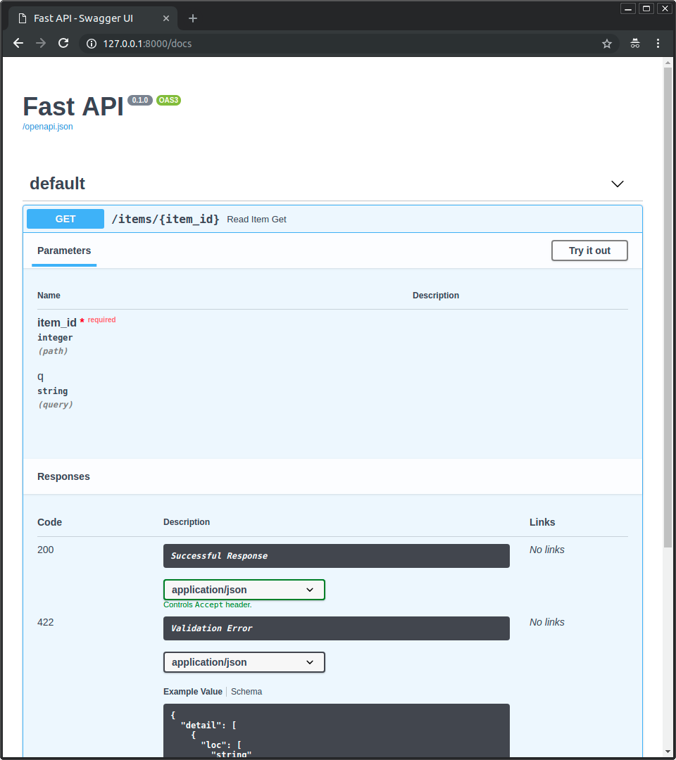 Screenshot of FastAPI generated documentation