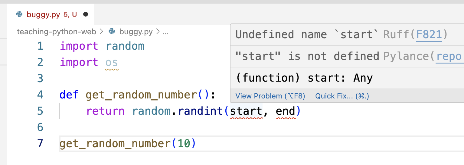 Screenshot of Python code in VS Code with ruff error pop-up