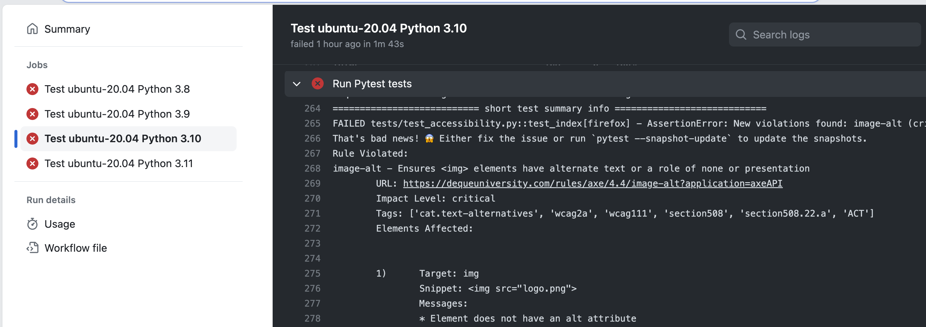 Screenshot of GitHub actions workflow that shows test failure due to accessibility violations