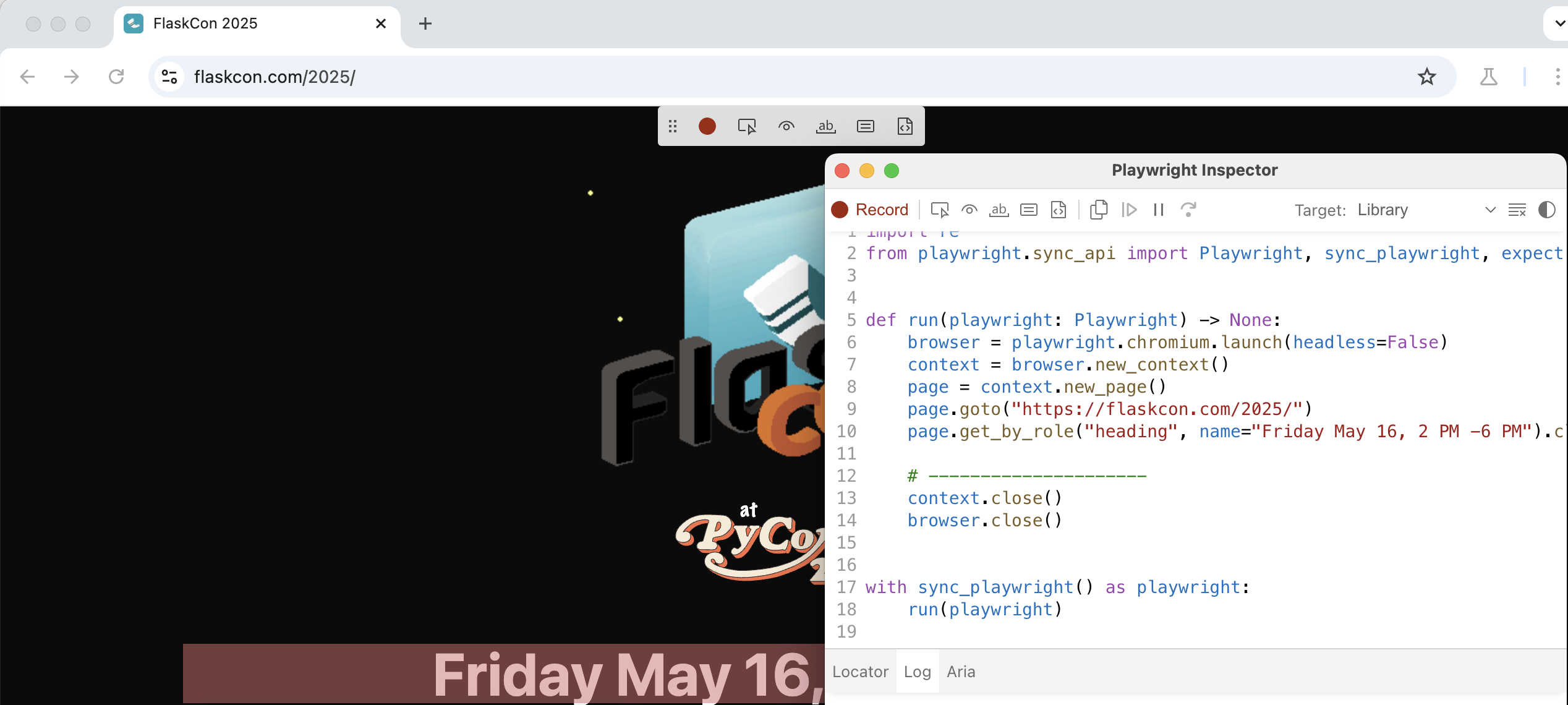 Screenshot of Playwright codegen window